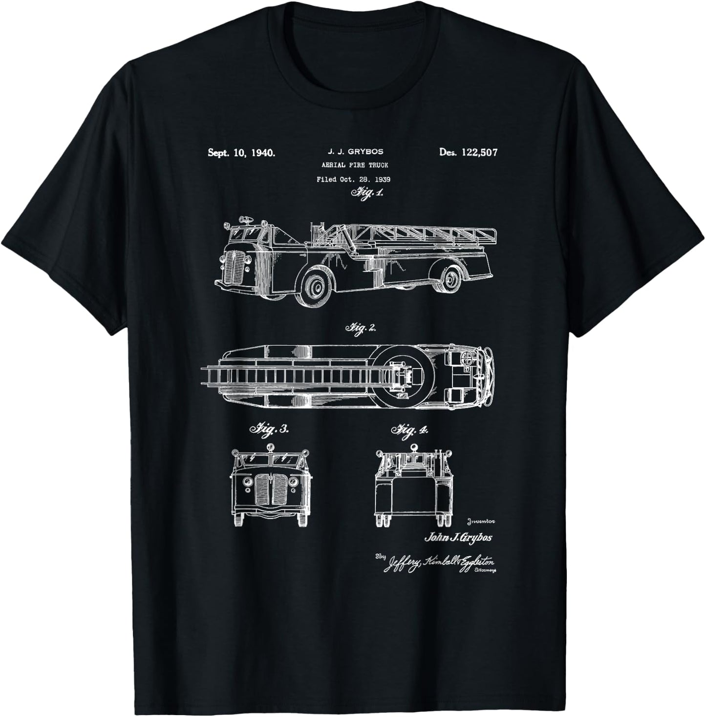 Vintage Patent Fire Truck Retro Blueprint Firefighter Gift T-Shirt - T-Shirt | Black