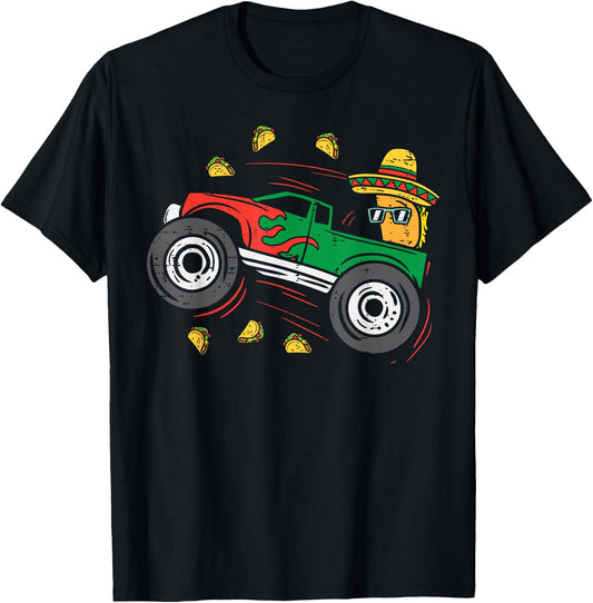 Tacos Riding Mexican Monster Truck Cinco De Mayo Kids Boys T-Shirt - T-Shirt | Black