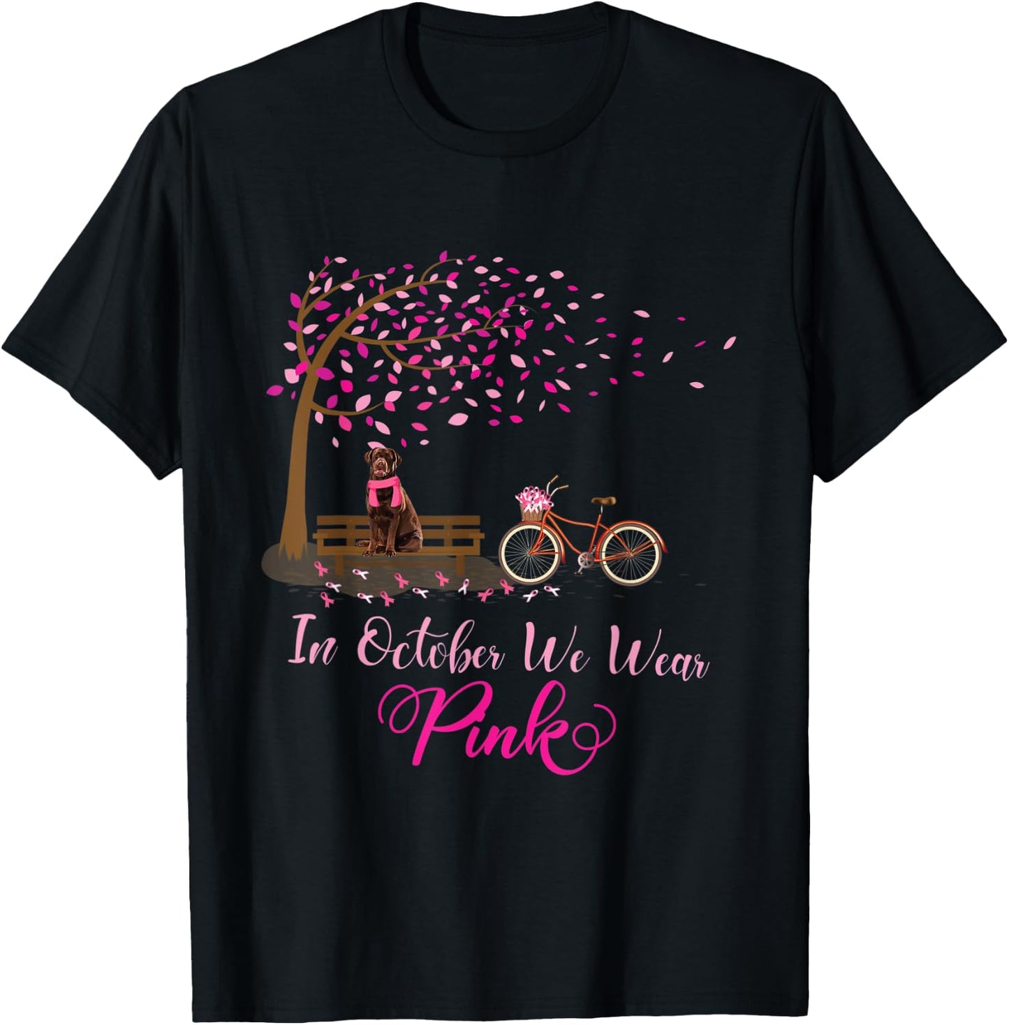 In October We Wear Pink Labrador Fall Leaves Breast Cancer T-Shirt - T-Shirt | Black