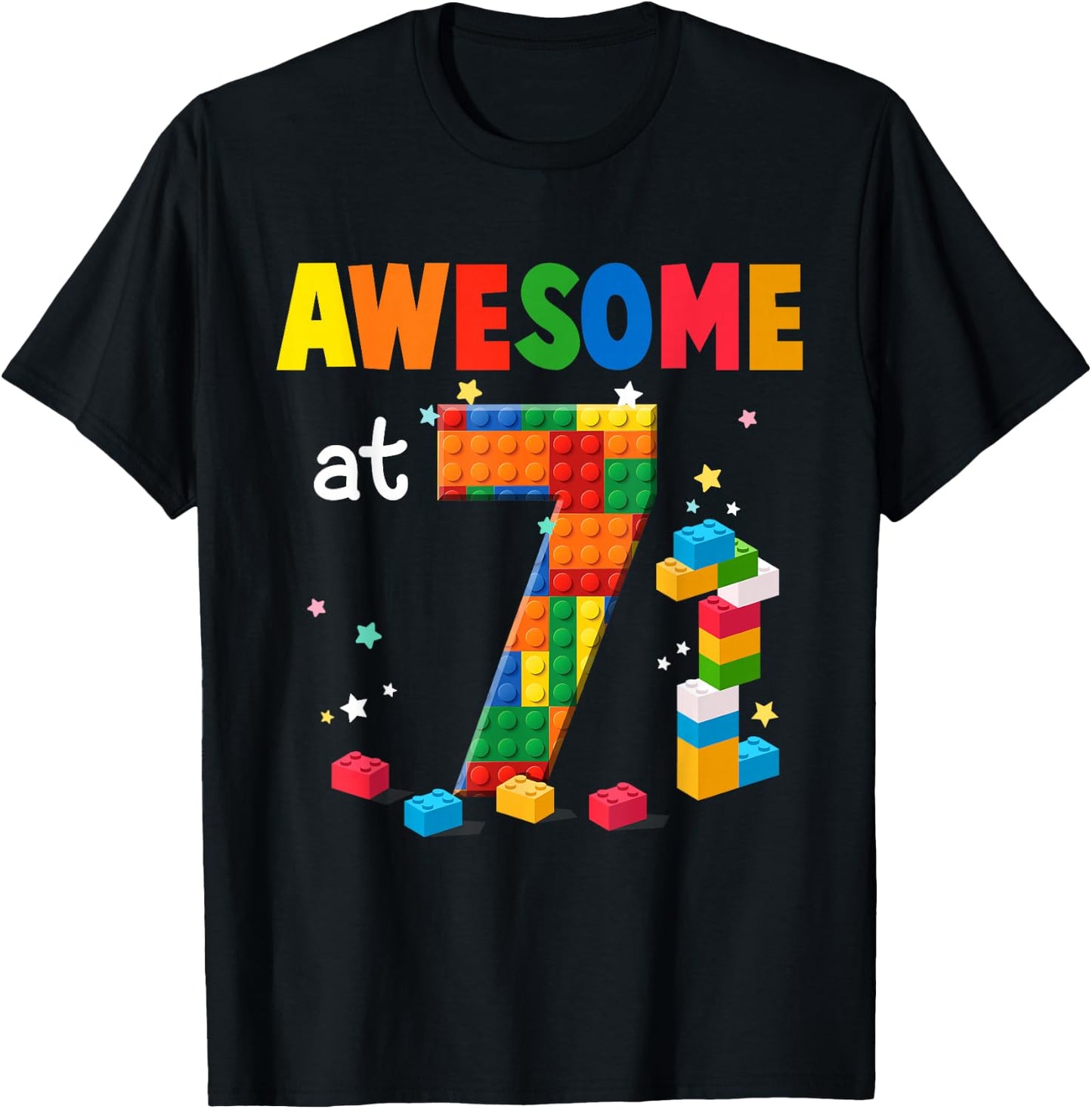 Building Blocks Brick 7th Birthday Shirt 7 Year Old Boy Gift T-Shirt - T-Shirt | Black