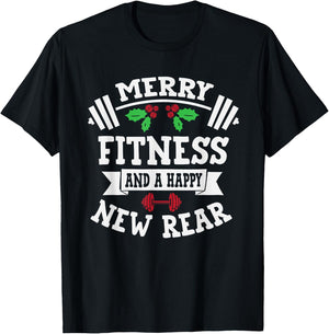 Merry Fitness And A Happy New Rear Funny Holidays T-Shirt - T-Shirt | Black