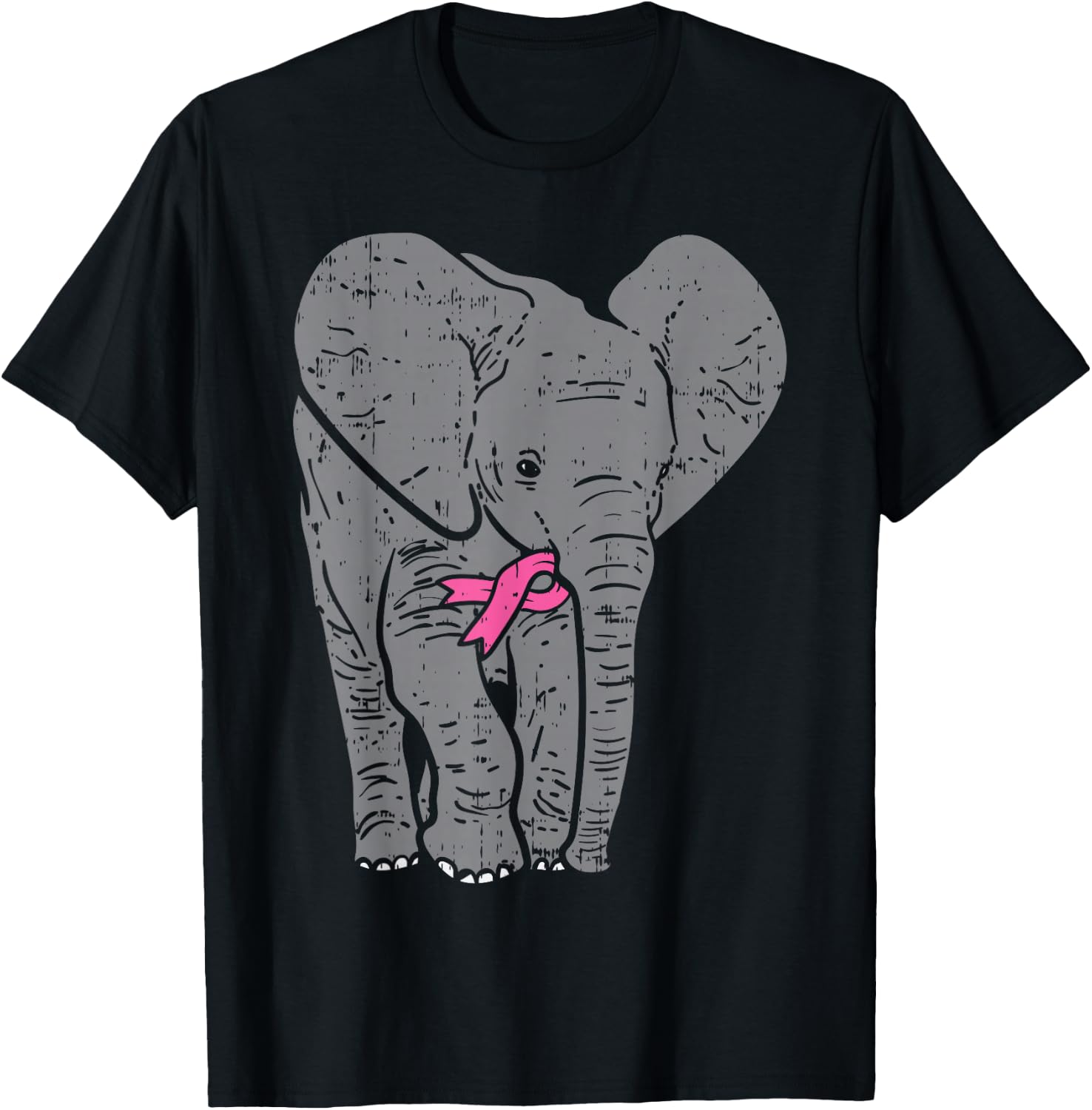 Elephant Pink Ribbon Breast Cancer Awareness Support Gift T-Shirt - T-Shirt | Black