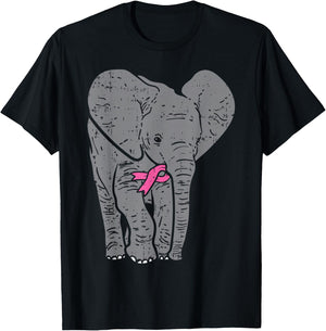 Elephant Pink Ribbon Breast Cancer Awareness Support Gift T-Shirt - T-Shirt | Black