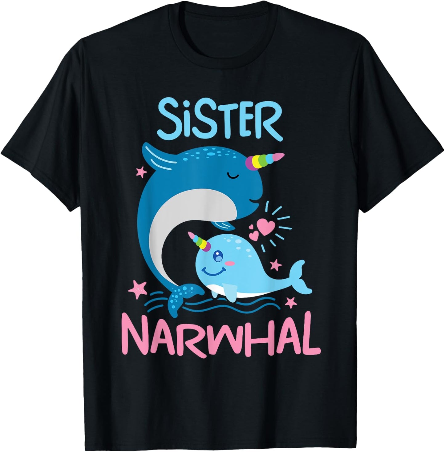 Cute Narwhal Sister Funny Whale Lover Gift Ocean Women Girls T-Shirt - T-Shirt | Black