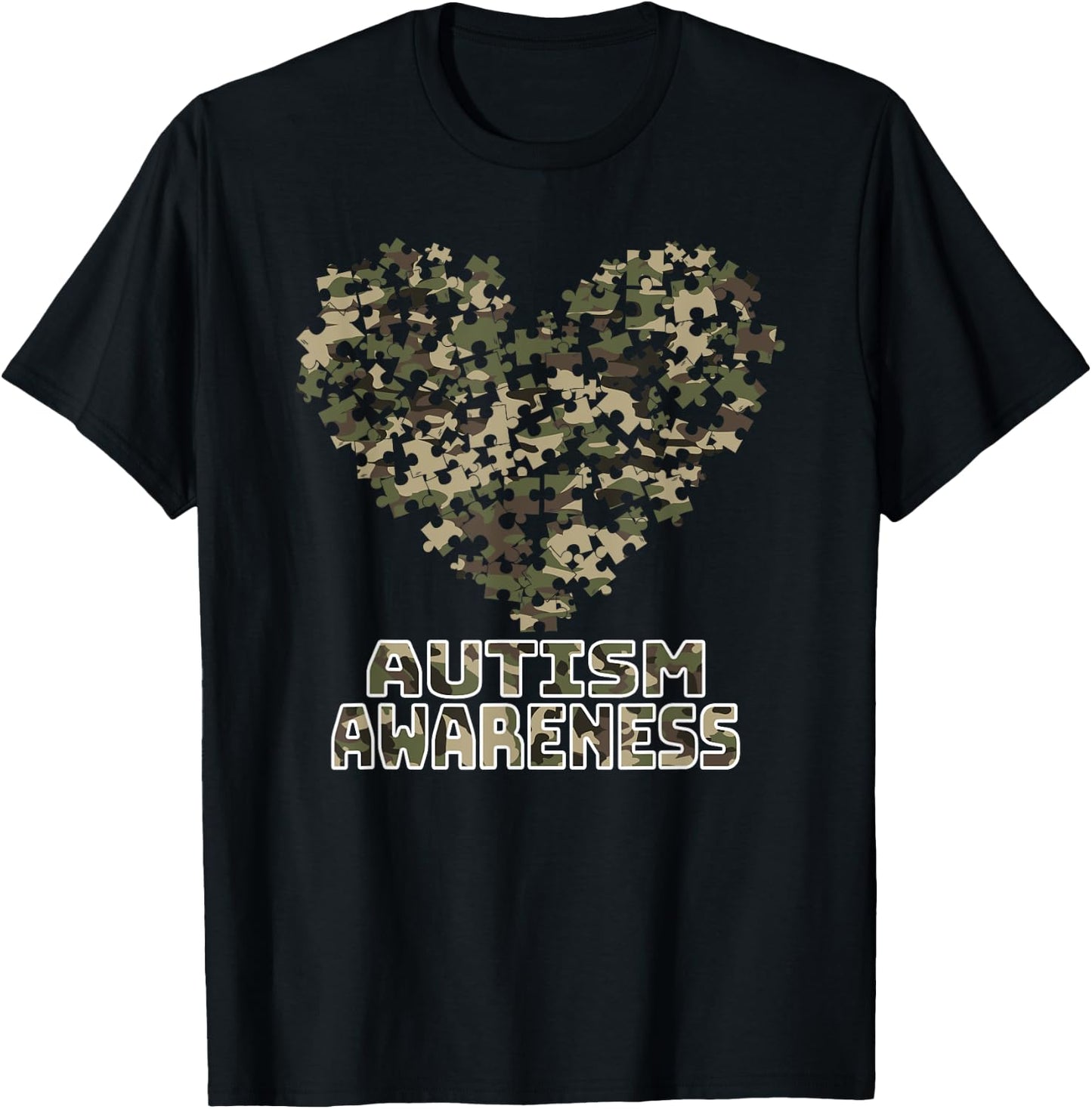 Heart Puzzle Autism Awareness Camoflauge Military Tactical T-Shirt - T-Shirt | Black