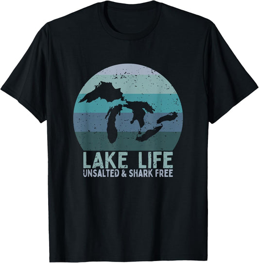 Vintage Lake Life Unsalted and Shark Free Great Lakes T-Shirt - T-Shirt | Black