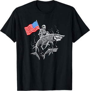 Skeleton Ride Shark 4th Of July T-Shirt - T-Shirt | Black