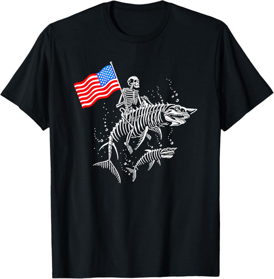 Skeleton Ride Shark 4th Of July T-Shirt - T-Shirt | Black