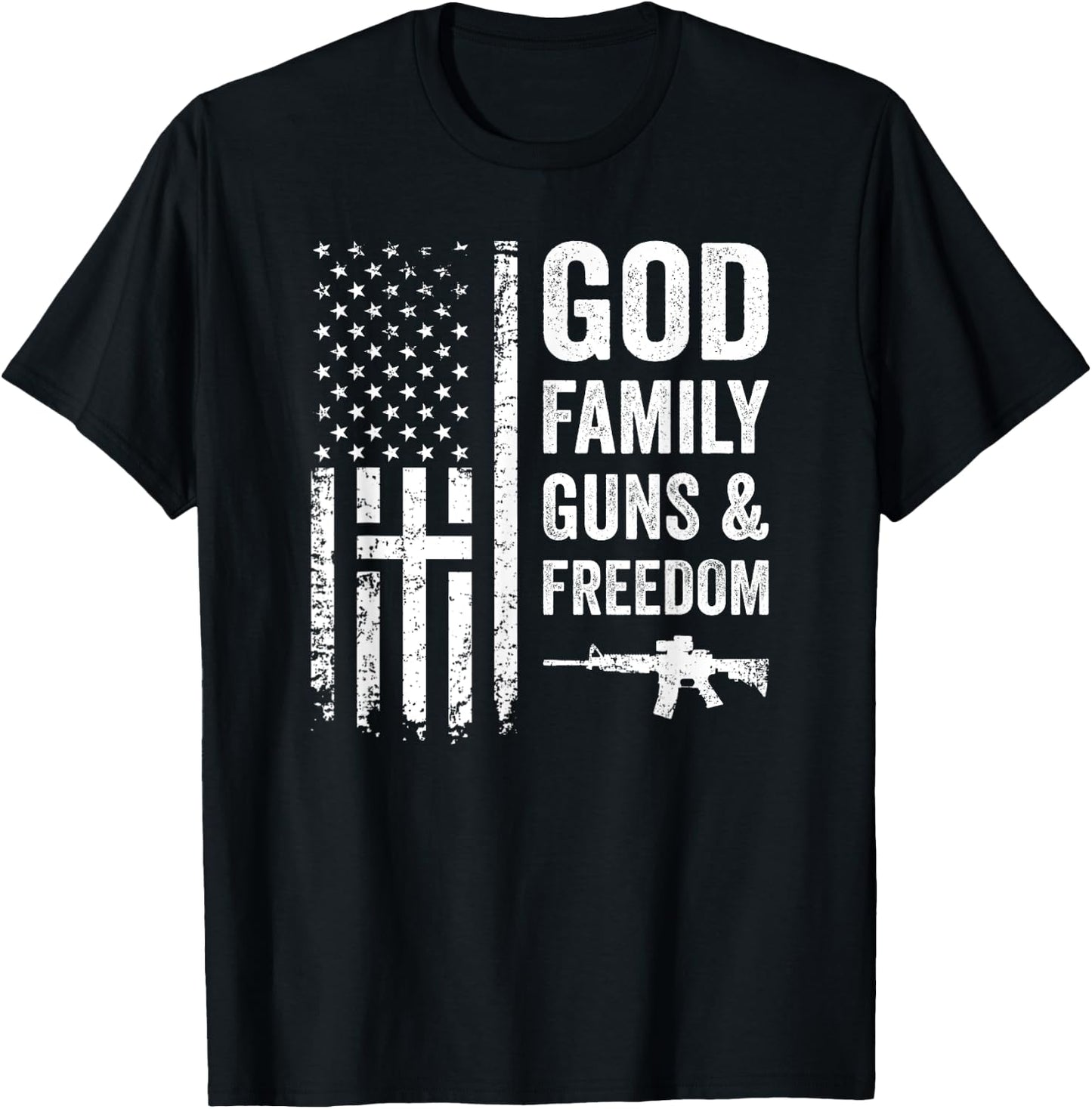 GOD FAMILY GUNS & FREEDOM - Pro God Pro Gun USA Cross Flag T-Shirt - T-Shirt | Black