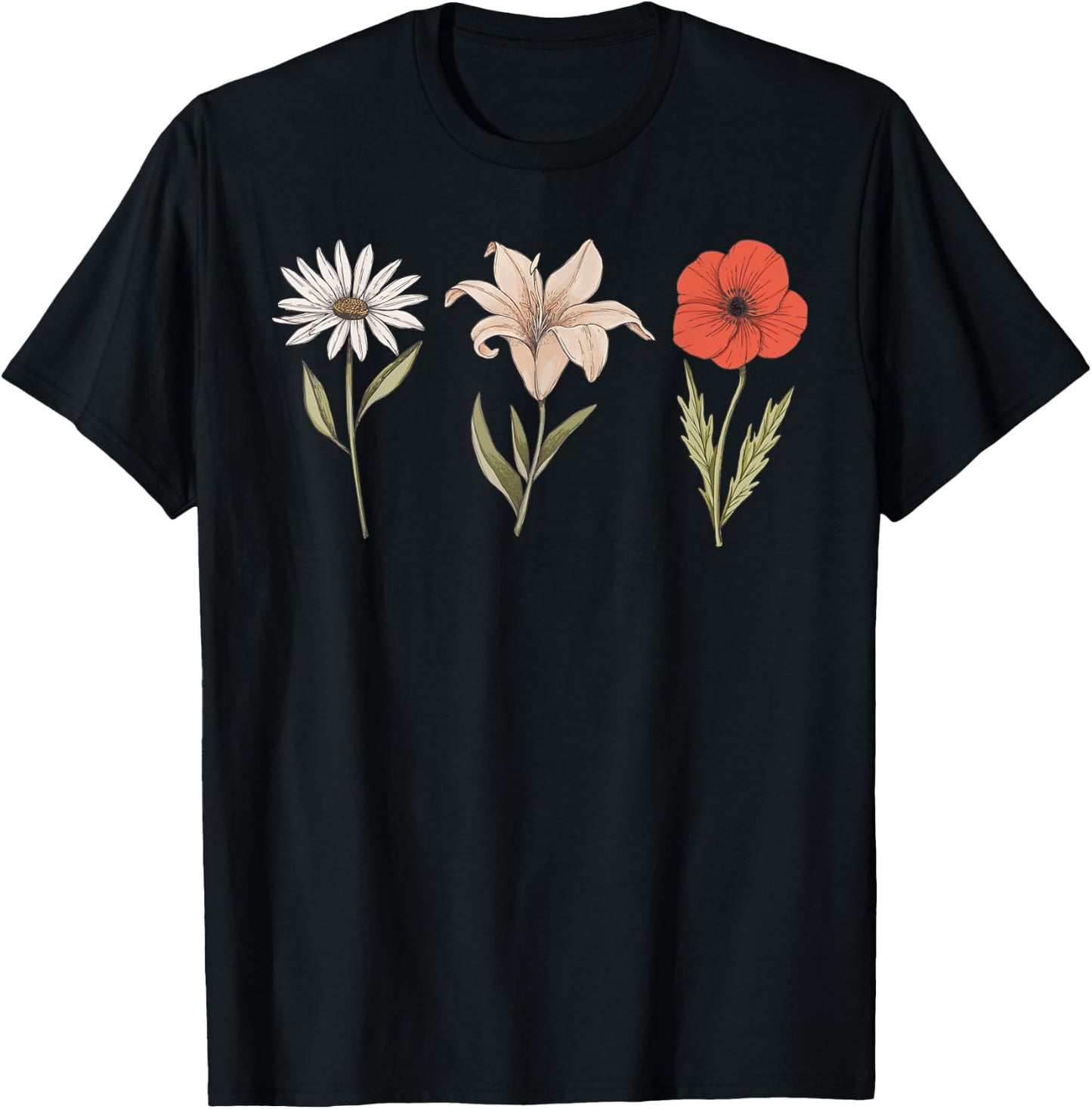 Vintage Flower Drawing Lily Poppy Daisy T-Shirt - T-Shirt | Black