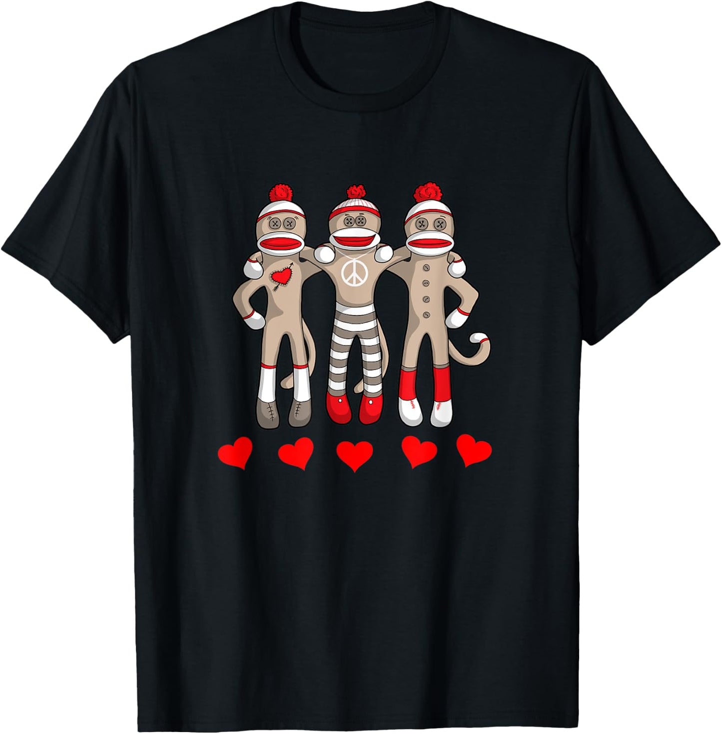 Sock Monkey Happy Valentine's Day Heart Peace Love Friends T-Shirt - T-Shirt | Black
