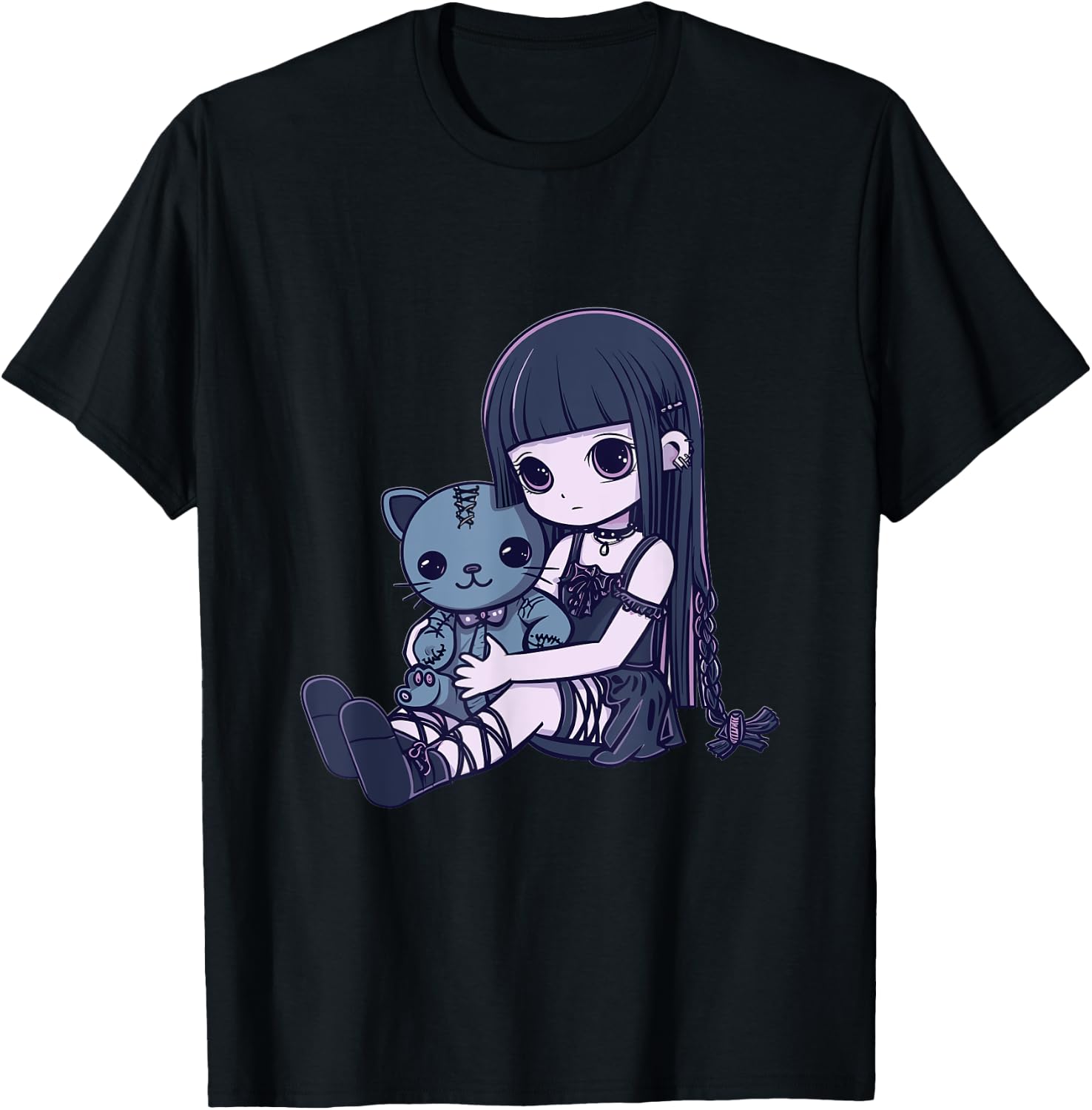 Goth Pastel Kawaii Anime Girl with Voodoo doll Teddy Cat T-Shirt - T-Shirt | Black