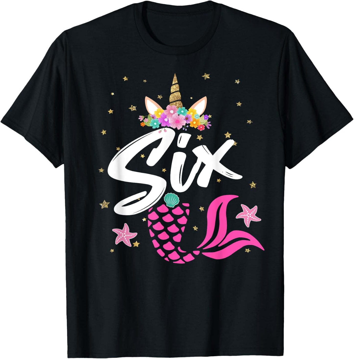 6th Birthday Girl Unicorn Shirt Mermaid Tail 6 Years Old T-Shirt - T-Shirt | Black