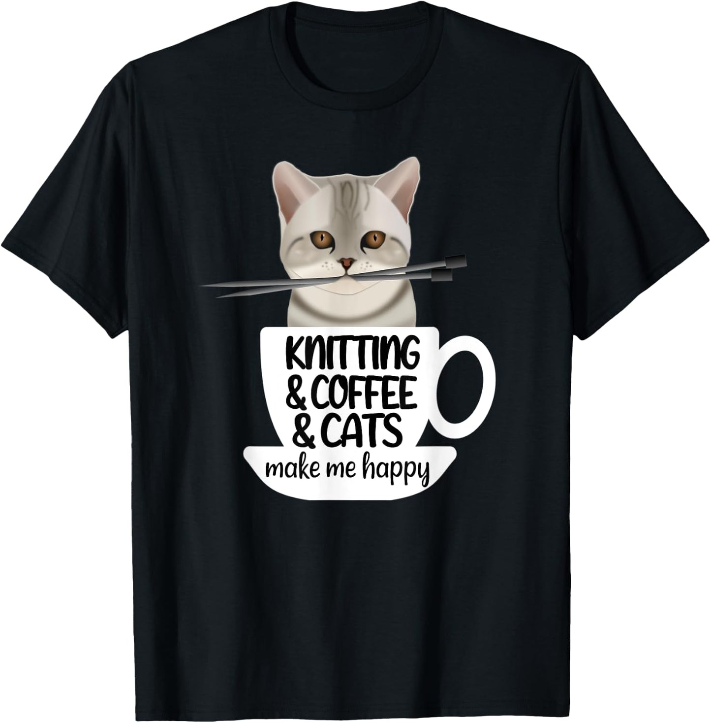 Knitting Coffee And Cats Make Me Happy T-Shirt - T-Shirt | Black