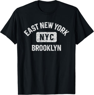 East New York Brooklyn NYC Gym Style Distressed White Print T-Shirt - T-Shirt | Black