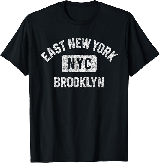 East New York Brooklyn NYC Gym Style Distressed White Print T-Shirt - T-Shirt | Black