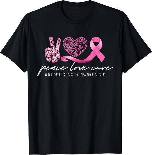 Peace Love Cure Breast Cancer Awareness T-Shirt - T-Shirt | Black