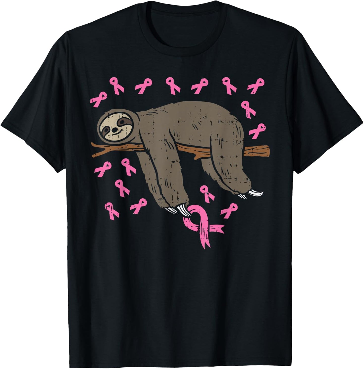 Lazy Sloth Pink Ribbon Breast Cancer Awareness Support Gift T-Shirt - T-Shirt | Black
