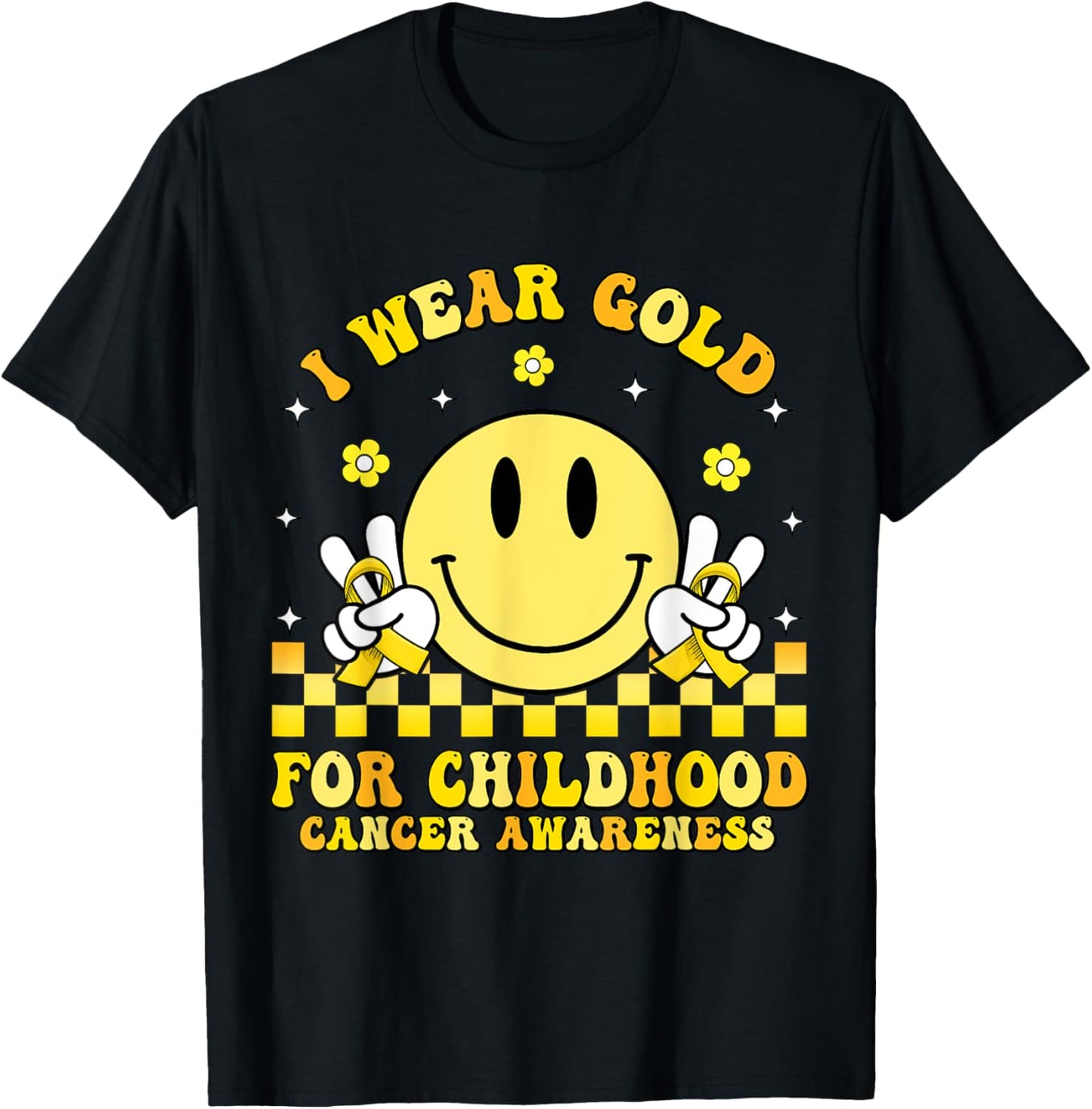Groovy Retro Smile Face I Wear Gold For Childhood Cancer T-Shirt - T-Shirt | Black