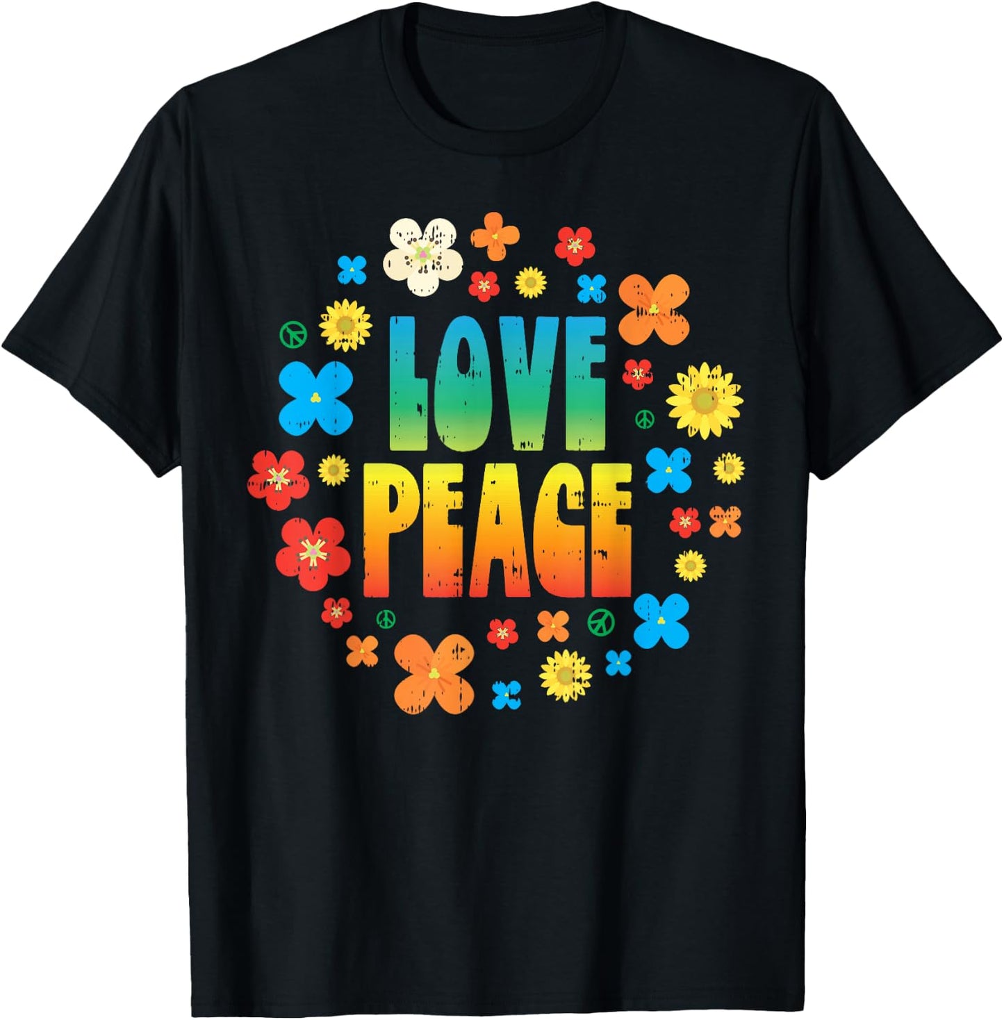 Love Peace Flowers Vintage 80s Floral Hippie Hippi Hippy T-Shirt - T-Shirt | Black