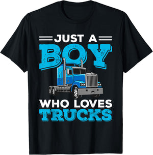 Just A Boy Who Loves Trucks Funny Truck Lover Boys Gift T-Shirt - T-Shirt | Black
