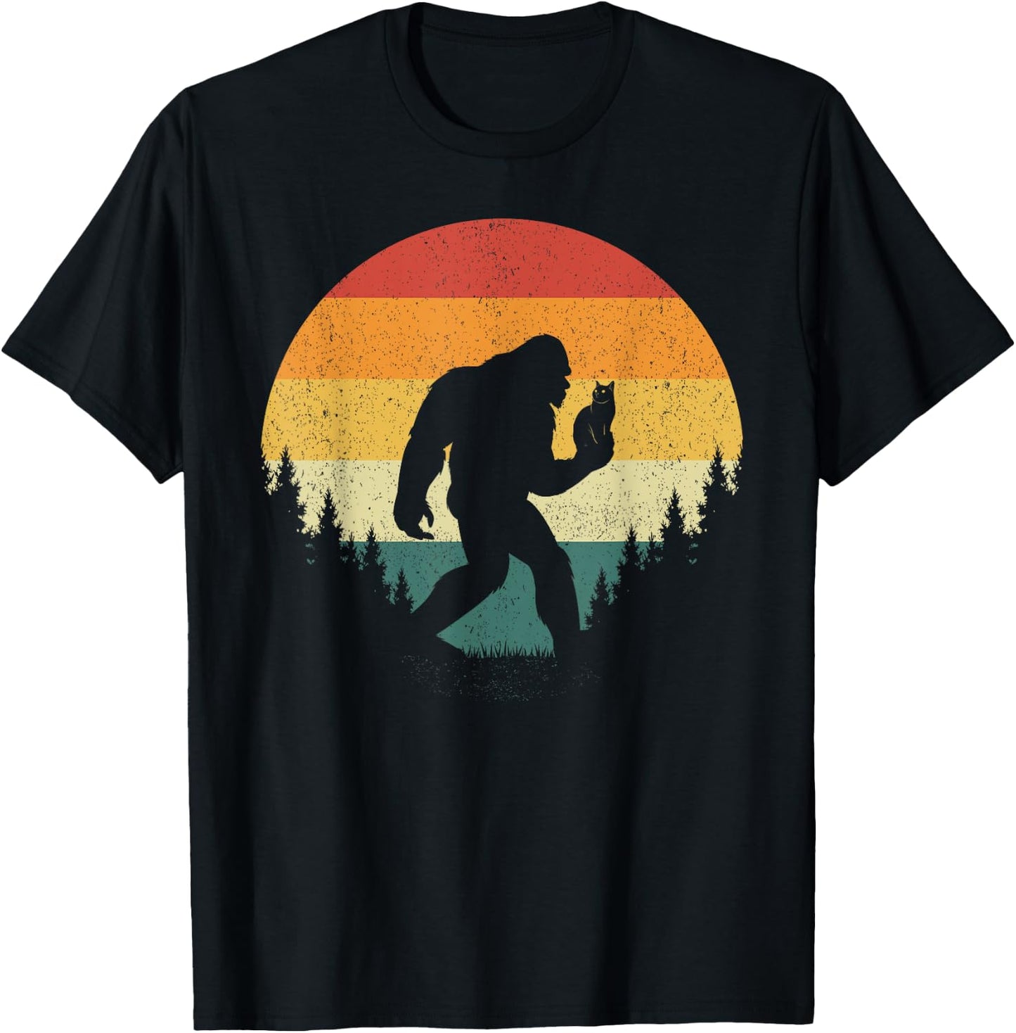 Bigfoot Holding Cat Funny Sasquatch Retro Vintage Sunset 80s Men Women Kids T-Shirt - T-Shirt | Black