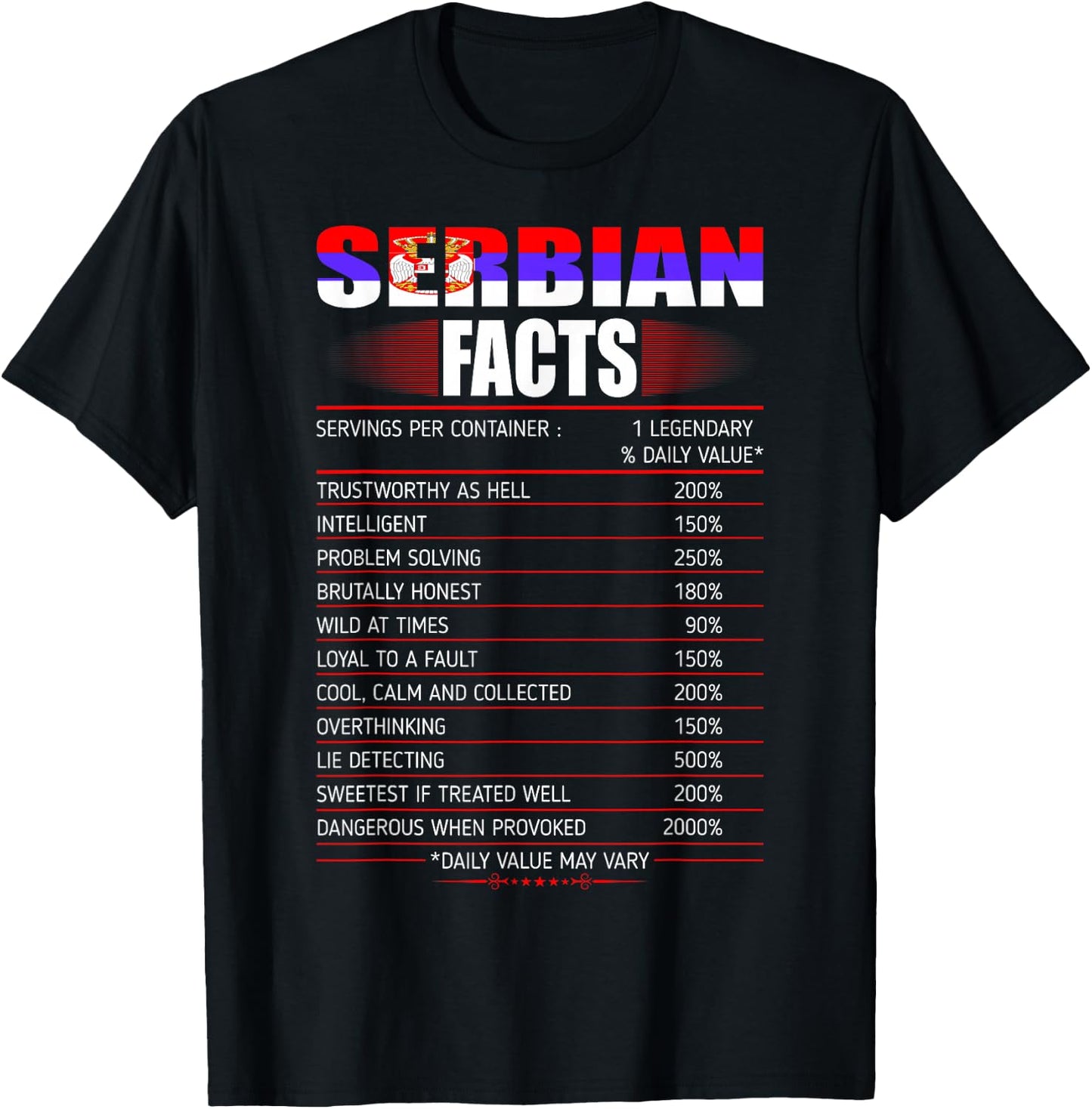Serbian Facts Servings Per Container Country Gift T-Shirt - T-Shirt | Black
