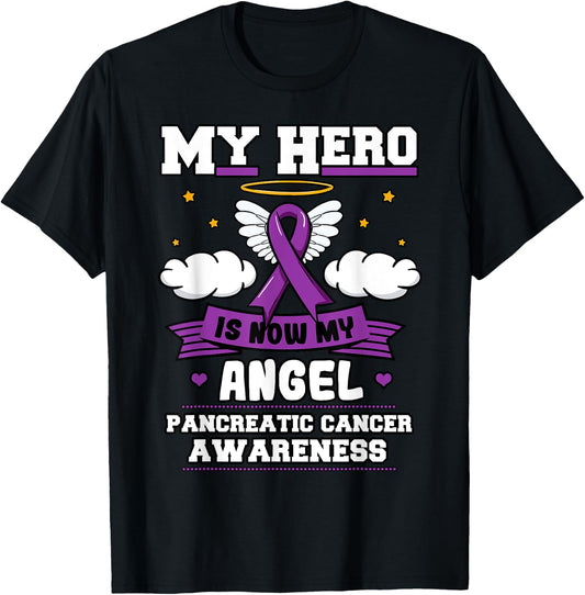 My Hero Is Now My Angel Pancreatic Cancer Purple Supporters T-Shirt - T-Shirt | Black