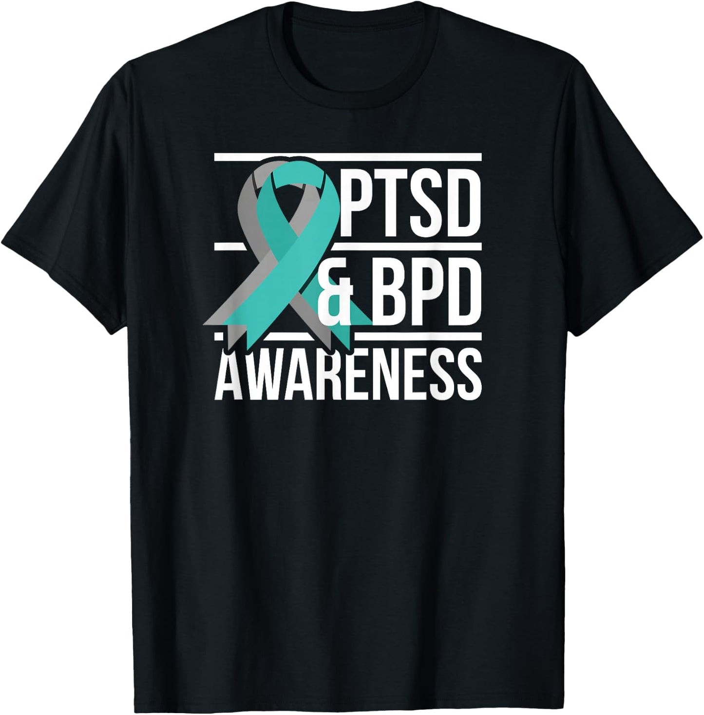 PTSD & BPD Awareness, Teal and Grey Ribbon T-Shirt - T-Shirt | Black