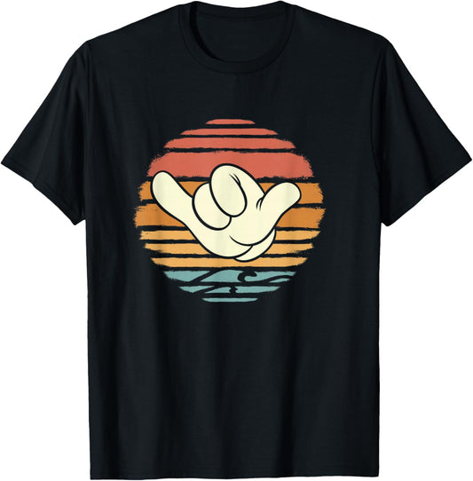 Disney Mickey and Friends Hand Shaka Sign Sunset Vintage T-Shirt - T-Shirt | Black