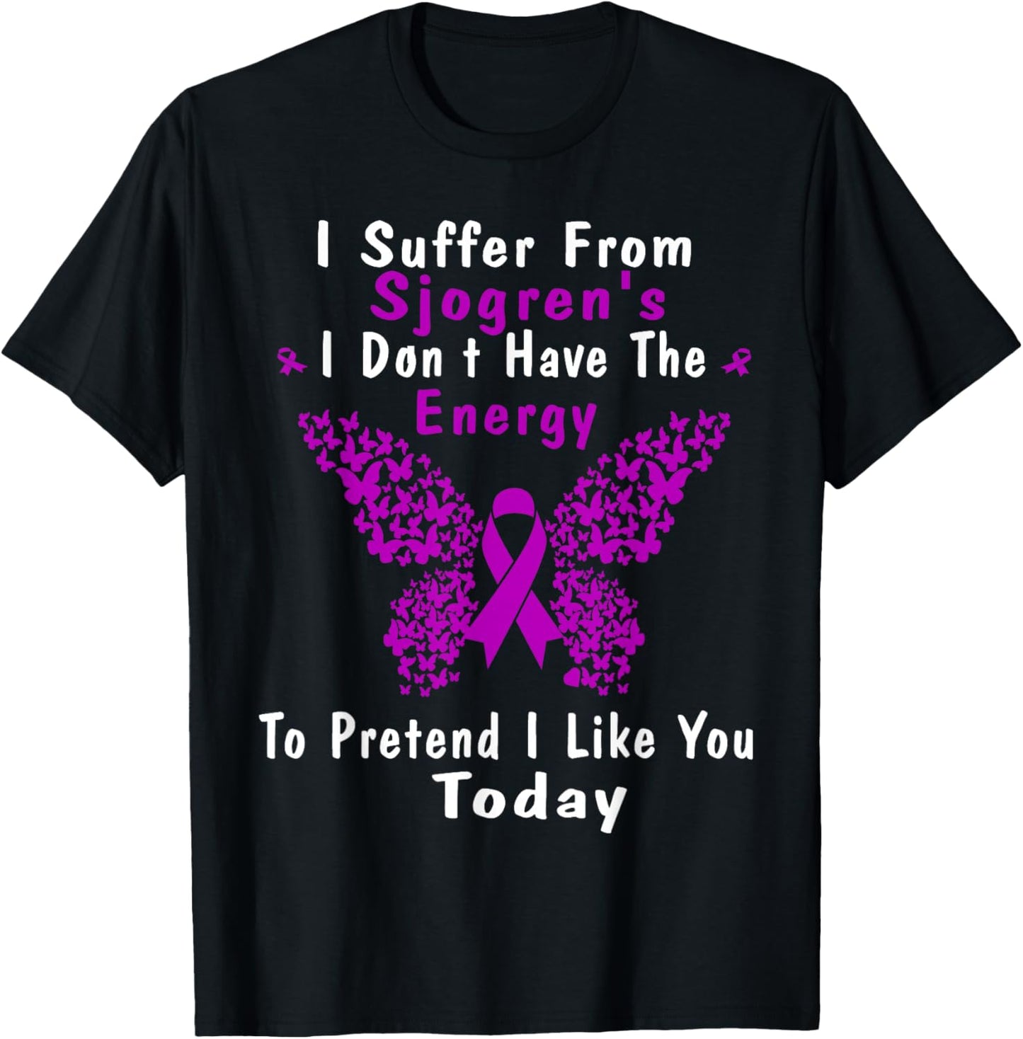 Sjogrens Syndrome Awareness Butterfly Purple Ribbon Disease T-Shirt - T-Shirt | Black