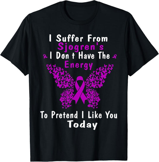 Sjogrens Syndrome Awareness Butterfly Purple Ribbon Disease T-Shirt - T-Shirt | Black