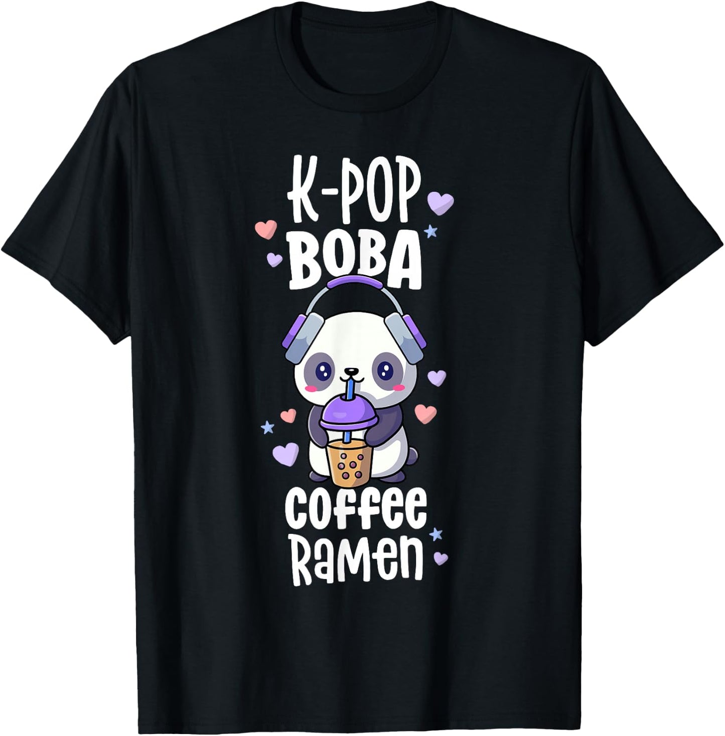 Boba And KPop Shirt Coffee Ramen Kawaii Panda Merch K-Pop T-Shirt - T-Shirt | Black