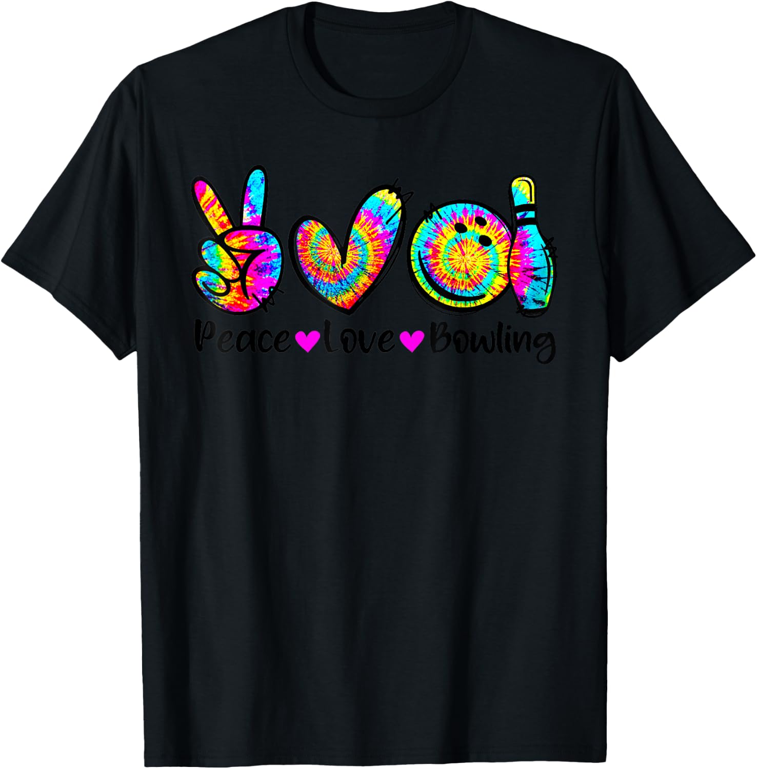 Peace Love Bowling Tie Dye Bowler Men Women Kids Funny T-Shirt - T-Shirt | Black