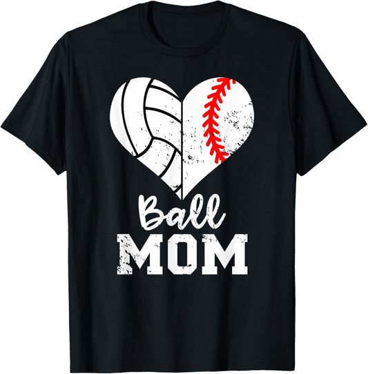 Ball Mom Heart Funny Baseball Volleyball Mom T-Shirt - T-Shirt | Black