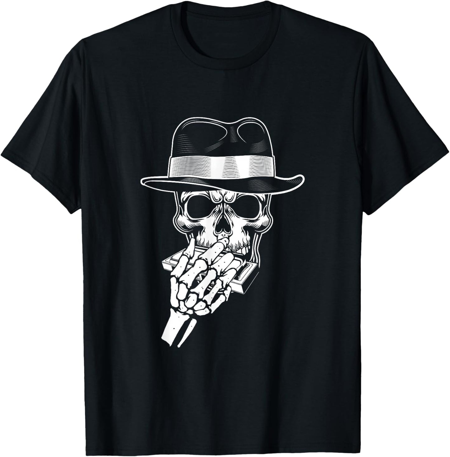 Skeleton Harmonica Player Blues Harmonica Musician T-Shirt - T-Shirt | Black