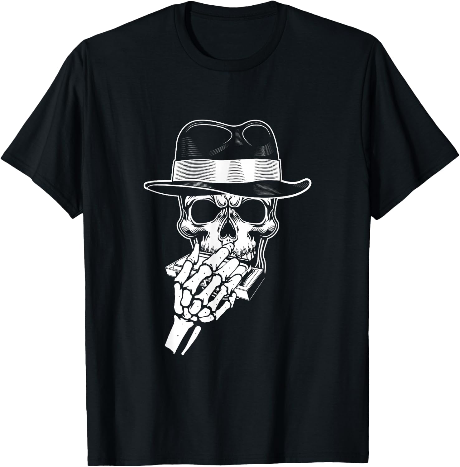 Skeleton Harmonica Player Blues Harmonica Musician T-Shirt - T-Shirt | Black