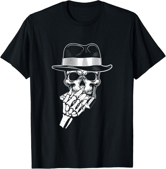 Skeleton Harmonica Player Blues Harmonica Musician T-Shirt - T-Shirt | Black
