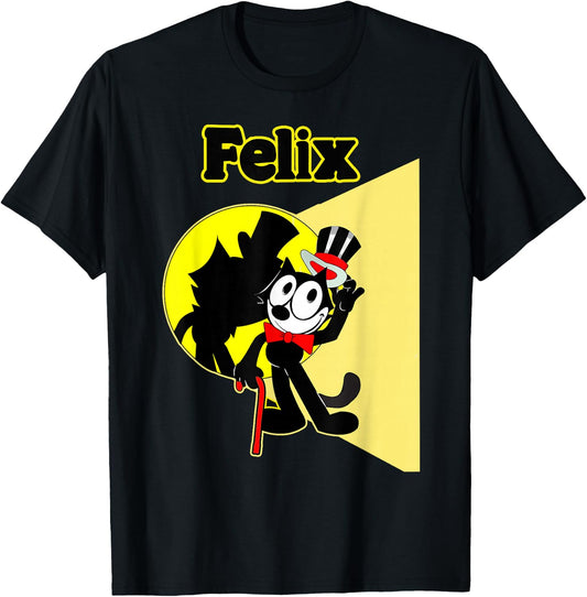 Felix Cartoon on-Stage in Spotlight Wears Bow Tie, Top Hat T-Shirt - T-Shirt | Black