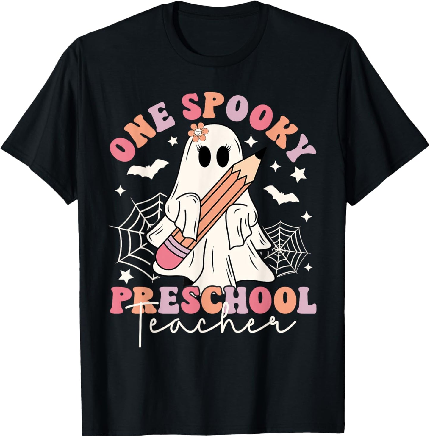 One Spooky Preschool Teacher Ghost Retro Halloween 2024 T-Shirt - T-Shirt | Black