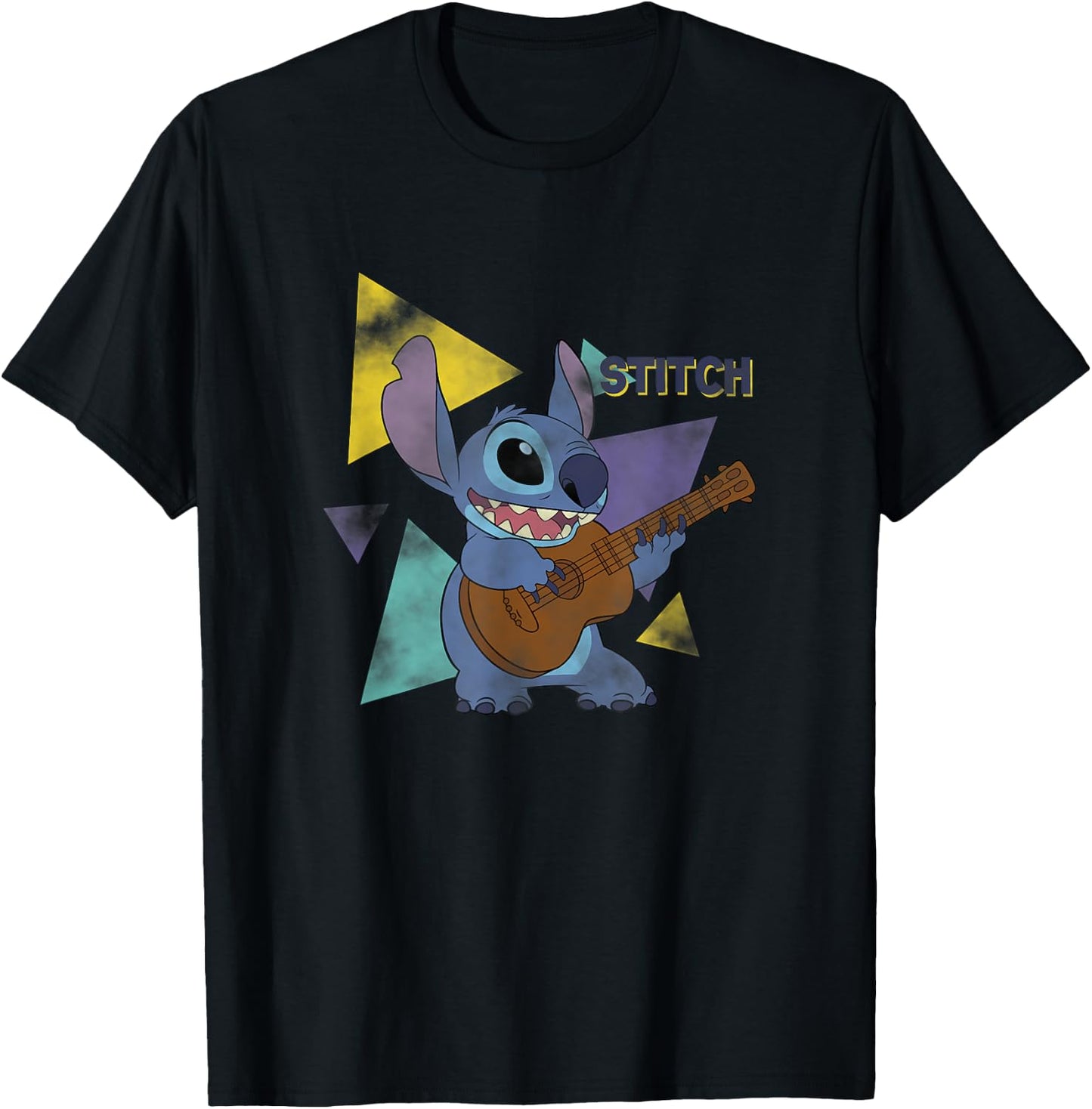 Disney Lilo & Stitch Playing The Guitar Distressed Shot T-Shirt - T-Shirt | Black