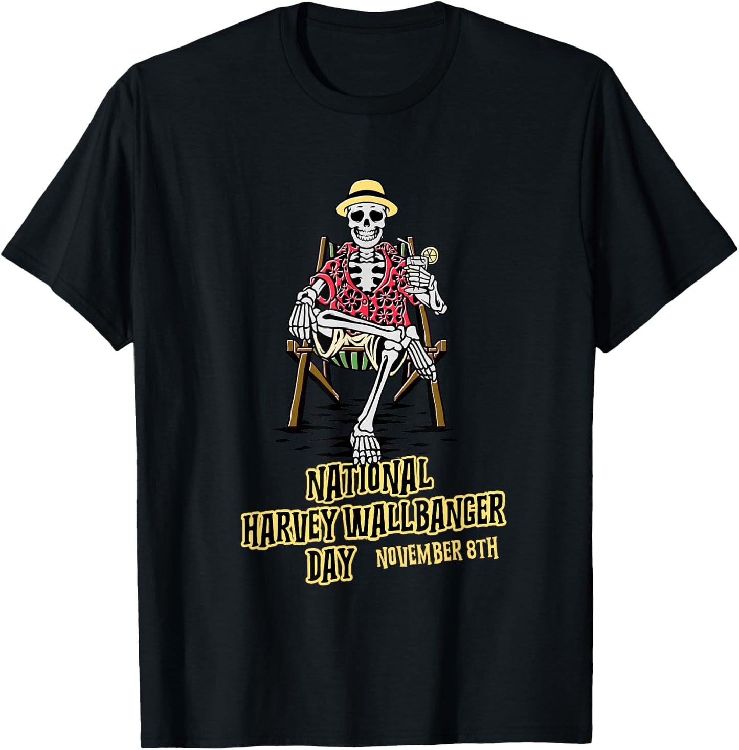 National Harvey Wallbanger Day | Drinking Beach Skeleton T-Shirt - T-Shirt | Black