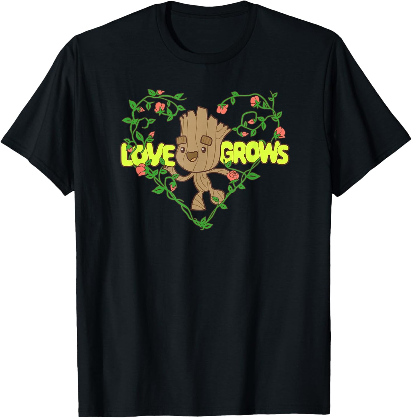 Amazon Essentials Guardians of the Galaxy Groot Love Grows Valentine's Heart T-Shirt - T-Shirt | Black