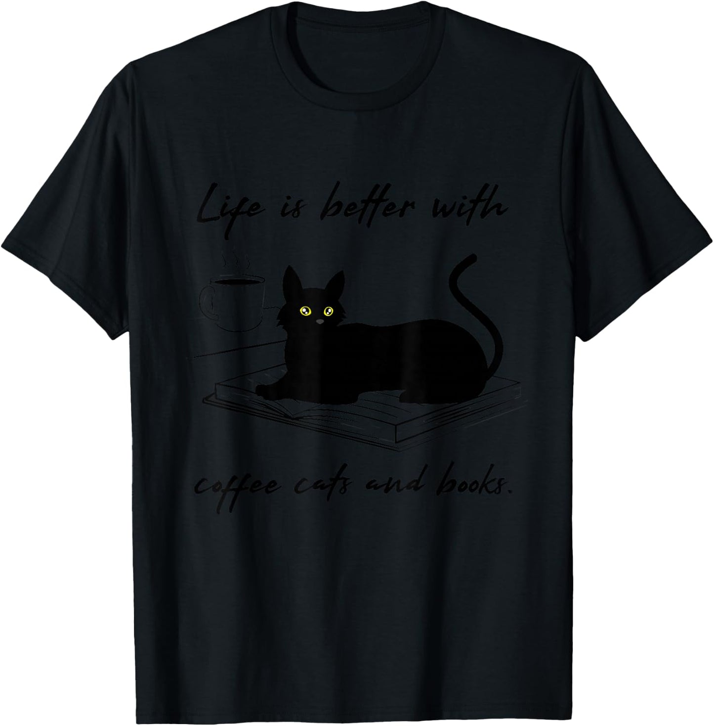 Coffe, Cats and Reading Books Ironic T-Shirt - T-Shirt | Black