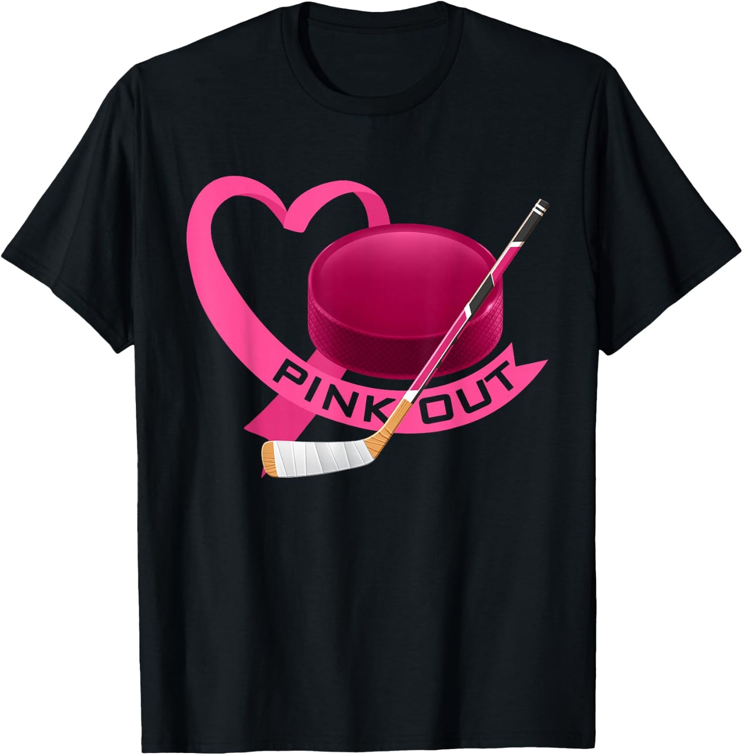Pink Out Breast Cancer Pink Ribbon Heart & Ice Hockey Puck T-Shirt - T-Shirt | Black