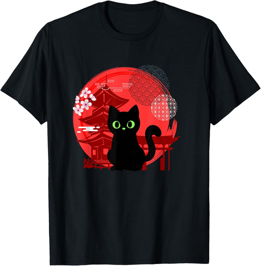 Japanese Cat Silhouette Flower Kitten Anime Lover Cat T-Shirt - T-Shirt | Black