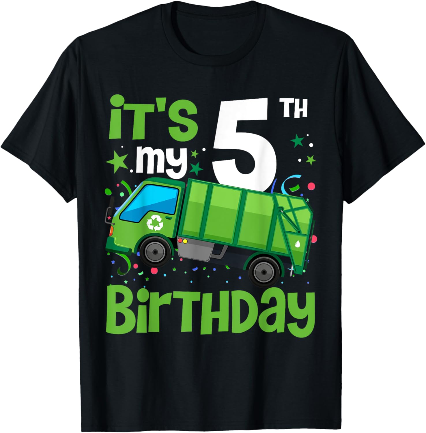 It's My 5th Birthday Garbage Truck 5 Year Old Birthday Boy T-Shirt - T-Shirt | Black