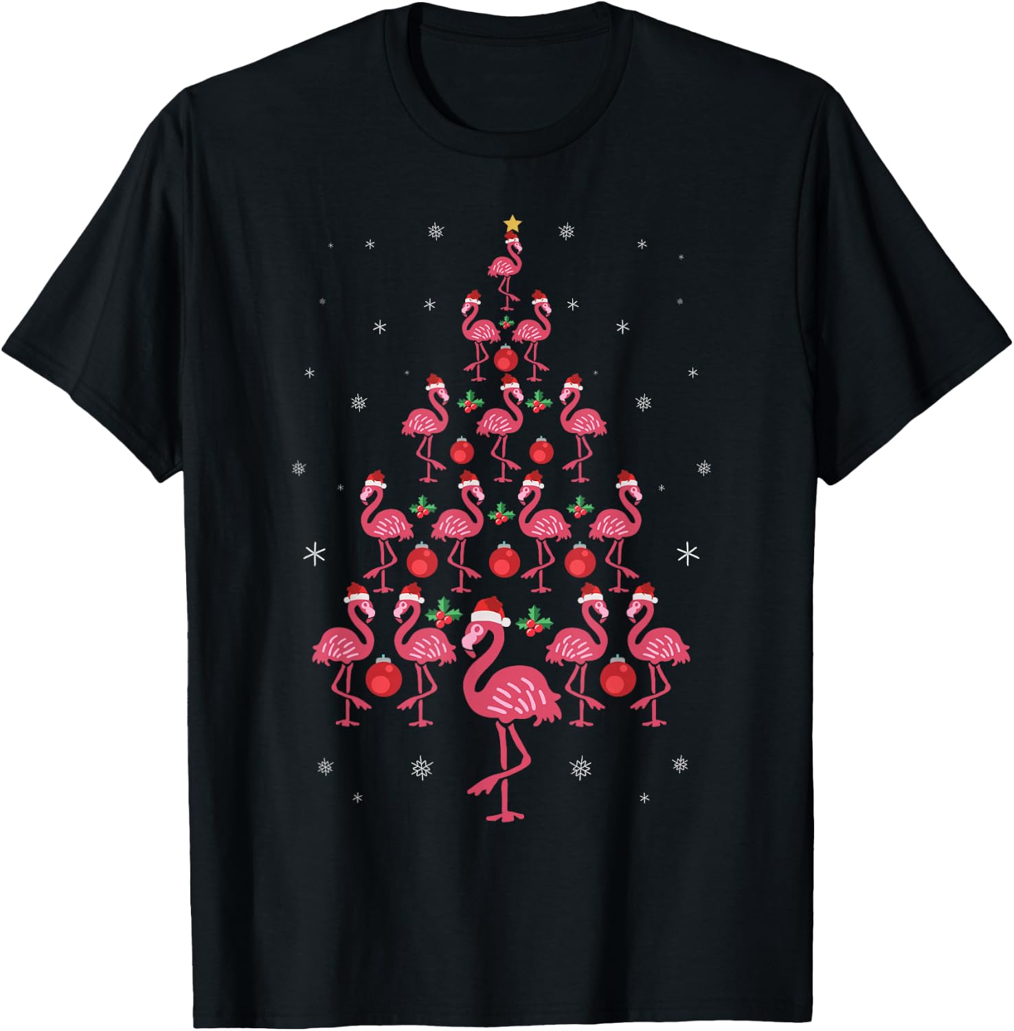 Funny Christmas Pink Flamingo Tree Holiday Bird Lover T-Shirt - T-Shirt | Black