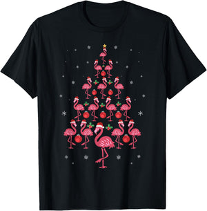 Funny Christmas Pink Flamingo Tree Holiday Bird Lover T-Shirt - T-Shirt | Black