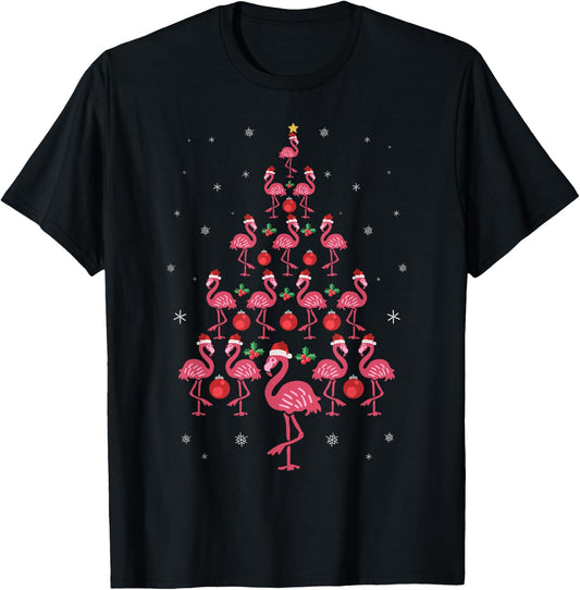 Funny Christmas Pink Flamingo Tree Holiday Bird Lover T-Shirt - T-Shirt | Black
